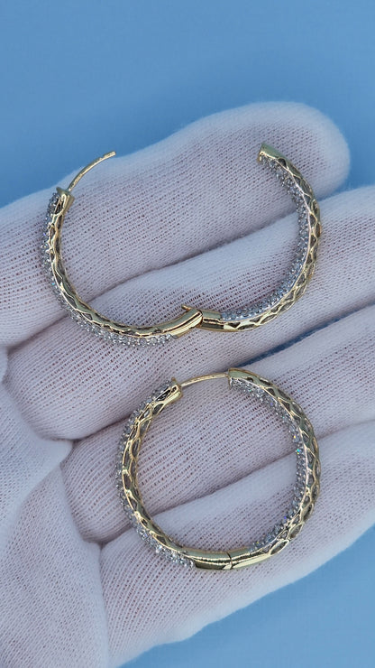 14k Yellow Gold 3-Row Pave Diamond Hoop Earrings | Inside-Out 2.00ct TW, 1.3" Hoops, Safety Lock