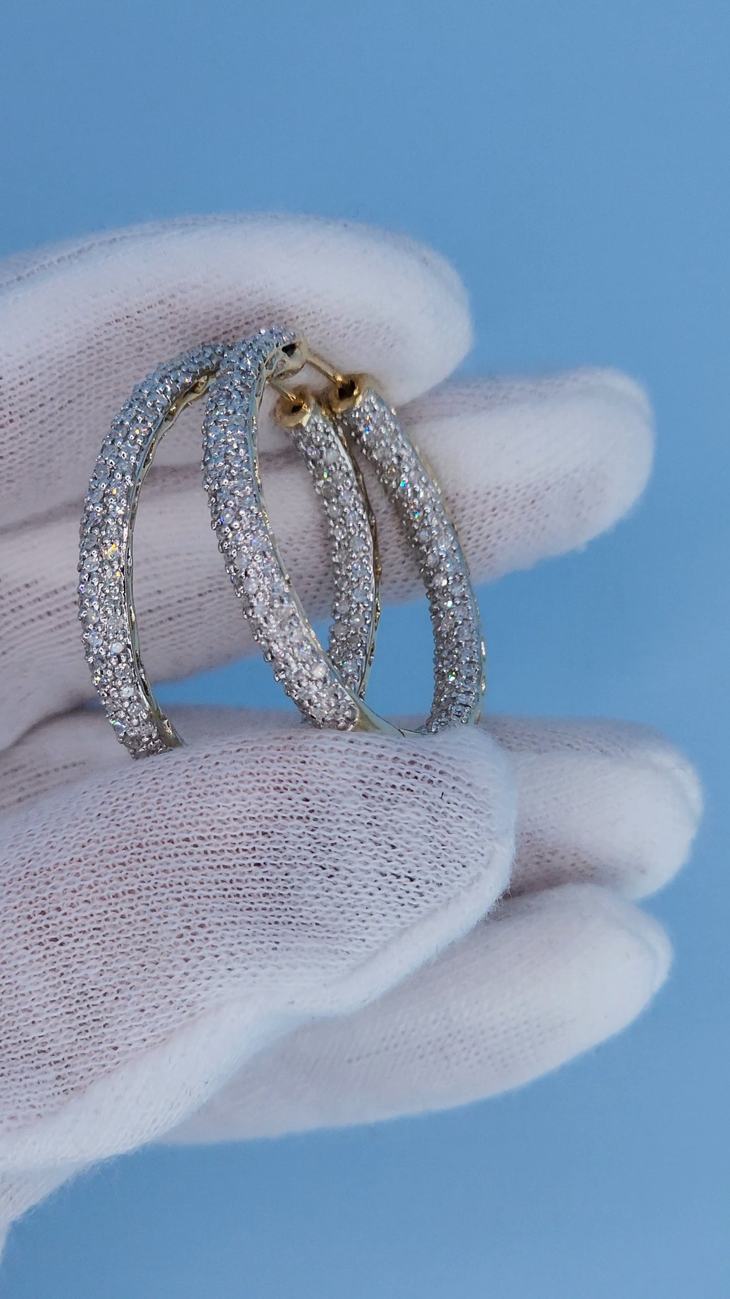 14k Yellow Gold 3-Row Pave Diamond Hoop Earrings | Inside-Out 2.00ct TW, 1.3" Hoops, Safety Lock