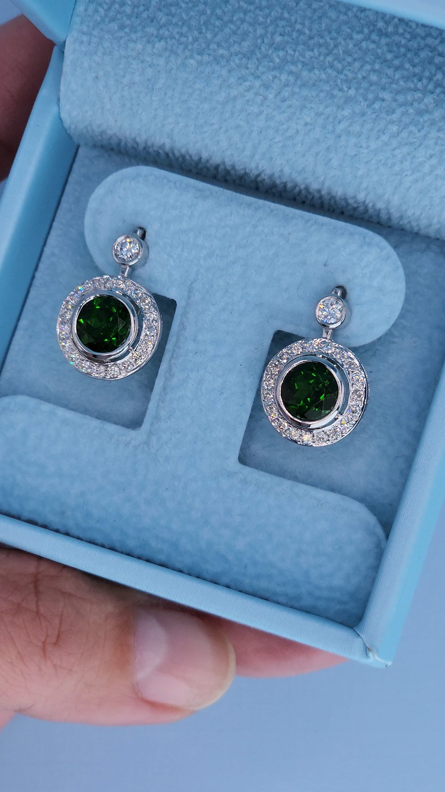 14k White Gold Green Diopside & Diamond Halo Drop Earrings | 2.77ct Natural Diopside, 0.60ct Diamond Accents, English Lock