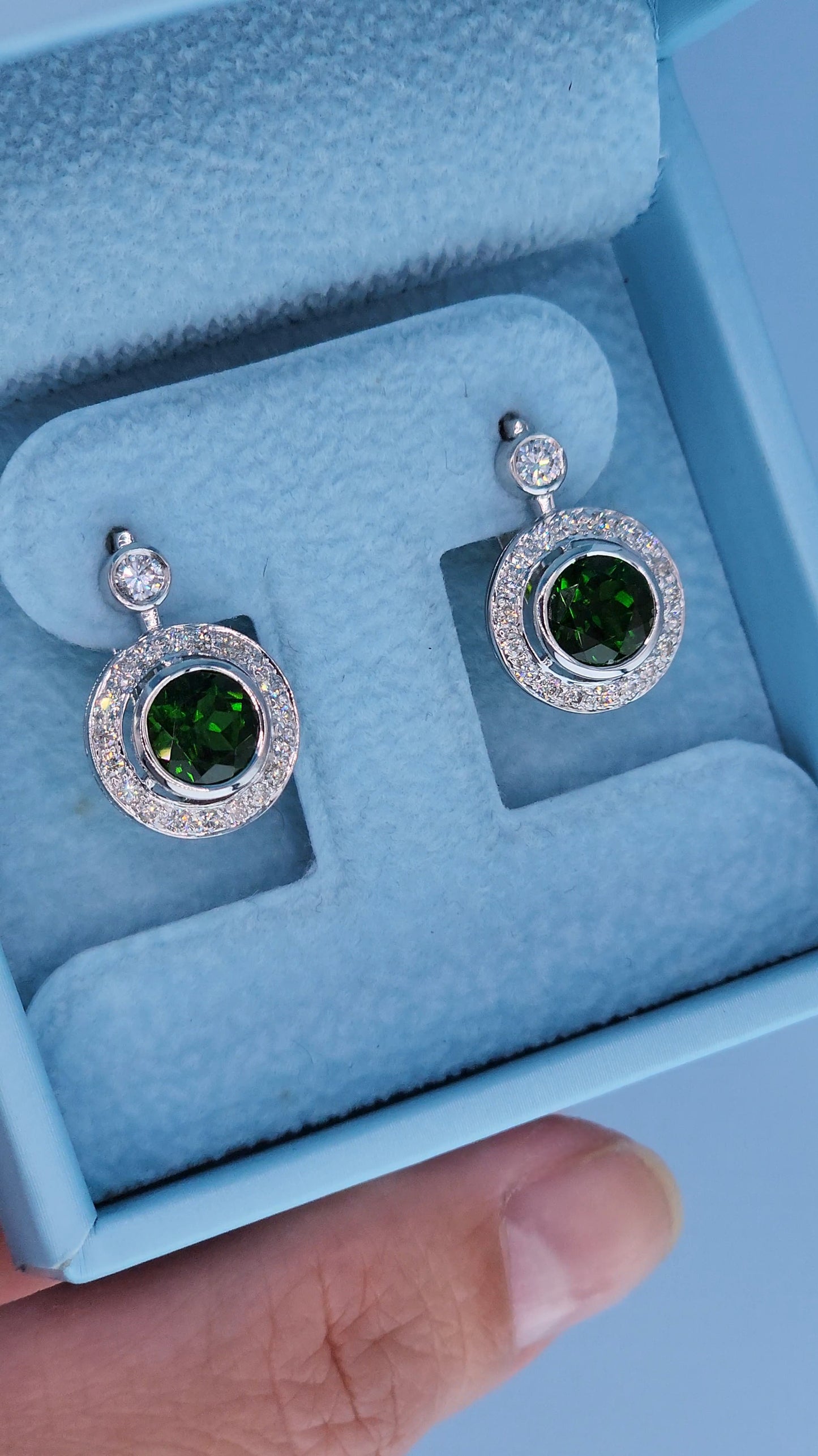 14k White Gold Green Diopside & Diamond Halo Drop Earrings | 2.77ct Natural Diopside, 0.60ct Diamond Accents, English Lock