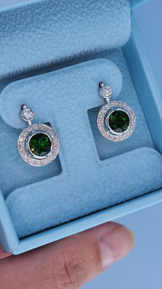 14k White Gold Green Diopside & Diamond Halo Drop Earrings | 2.77ct Natural Diopside, 0.60ct Diamond Accents, English Lock