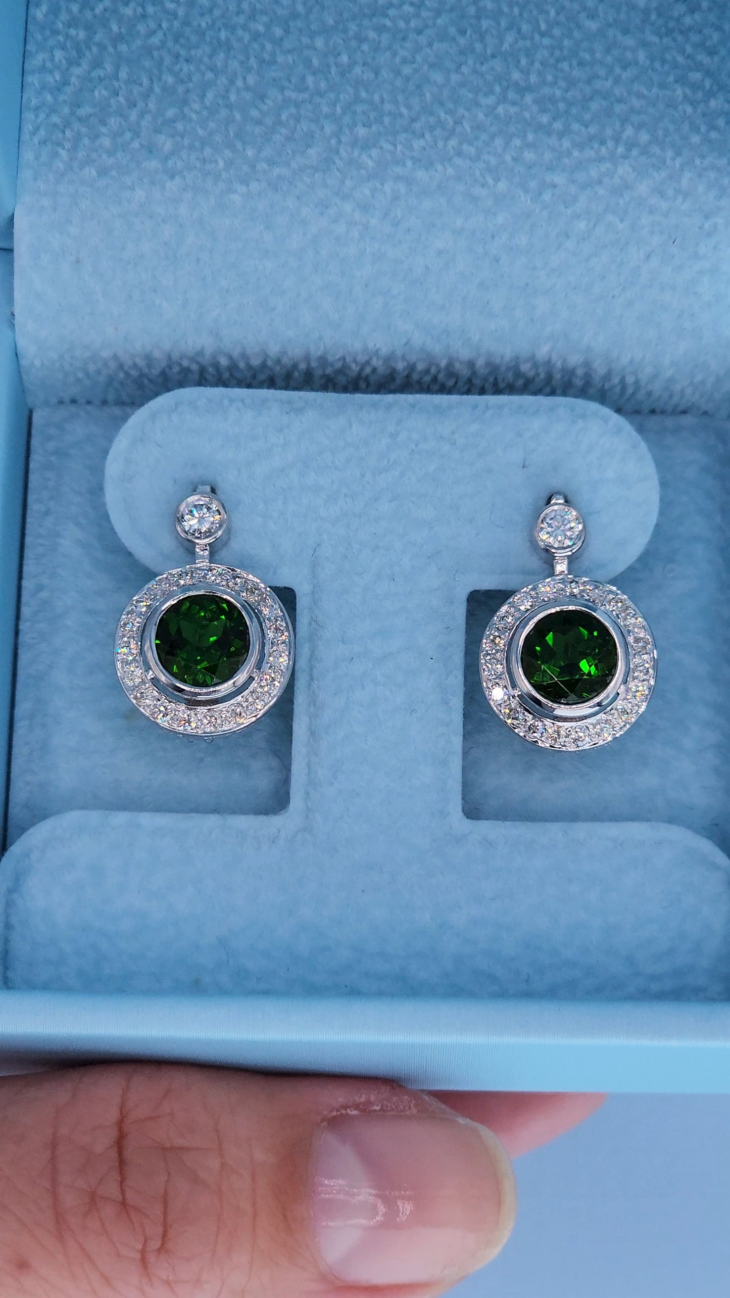14k White Gold Green Diopside & Diamond Halo Drop Earrings | 2.77ct Natural Diopside, 0.60ct Diamond Accents, English Lock