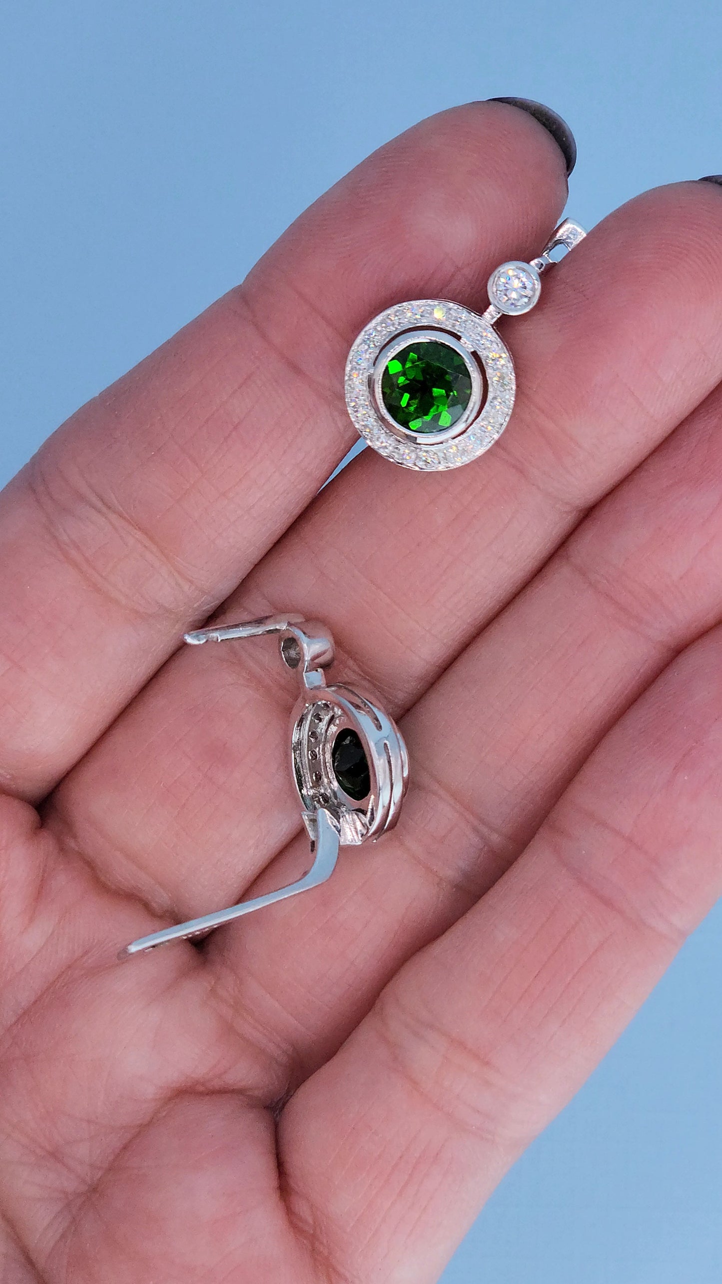 14k White Gold Green Diopside & Diamond Halo Drop Earrings | 2.77ct Natural Diopside, 0.60ct Diamond Accents, English Lock
