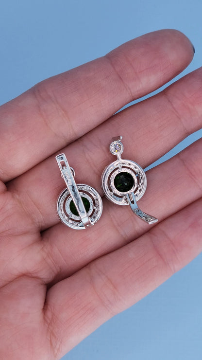 14k White Gold Green Diopside & Diamond Halo Drop Earrings | 2.77ct Natural Diopside, 0.60ct Diamond Accents, English Lock