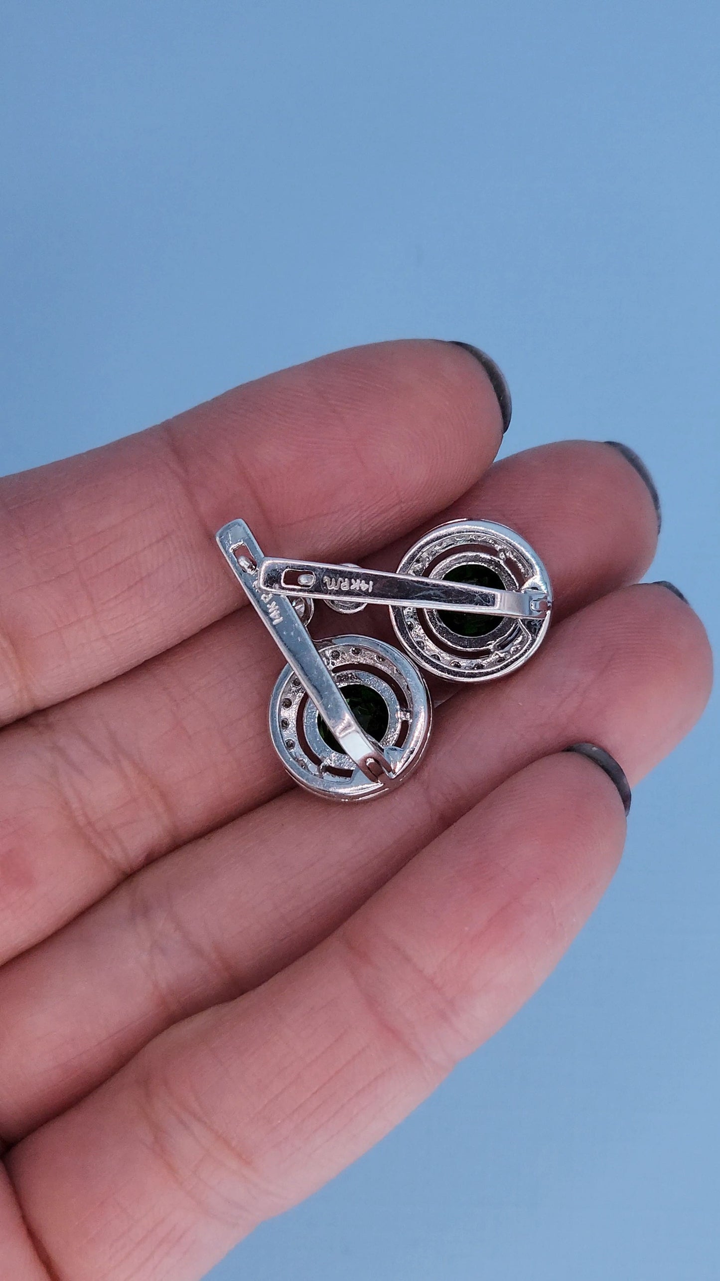 14k White Gold Green Diopside & Diamond Halo Drop Earrings | 2.77ct Natural Diopside, 0.60ct Diamond Accents, English Lock