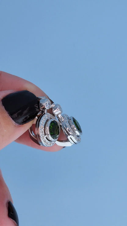 14k White Gold Green Diopside & Diamond Halo Drop Earrings | 2.77ct Natural Diopside, 0.60ct Diamond Accents, English Lock