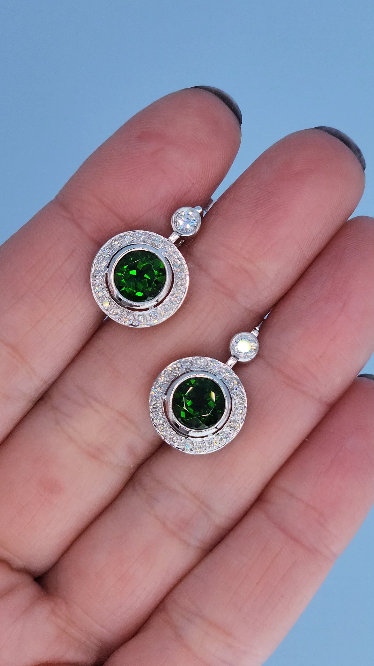 14k White Gold Green Diopside & Diamond Halo Drop Earrings | 2.77ct Natural Diopside, 0.60ct Diamond Accents, English Lock