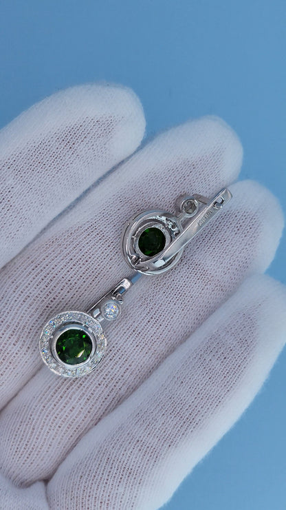 14k White Gold Green Diopside & Diamond Halo Drop Earrings | 2.77ct Natural Diopside, 0.60ct Diamond Accents, English Lock