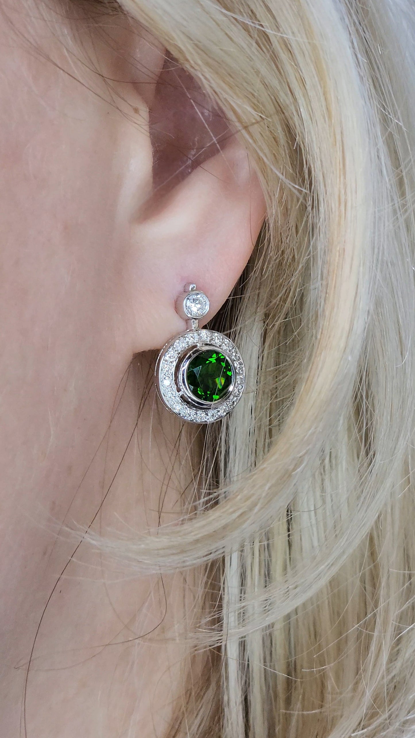 14k White Gold Green Diopside & Diamond Halo Drop Earrings | 2.77ct Natural Diopside, 0.60ct Diamond Accents, English Lock