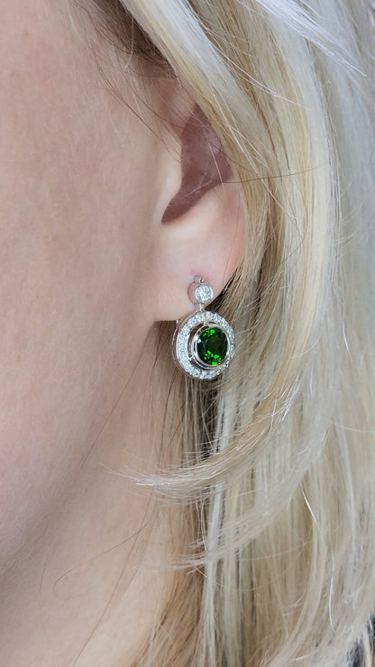 14k White Gold Green Diopside & Diamond Halo Drop Earrings | 2.77ct Natural Diopside, 0.60ct Diamond Accents, English Lock