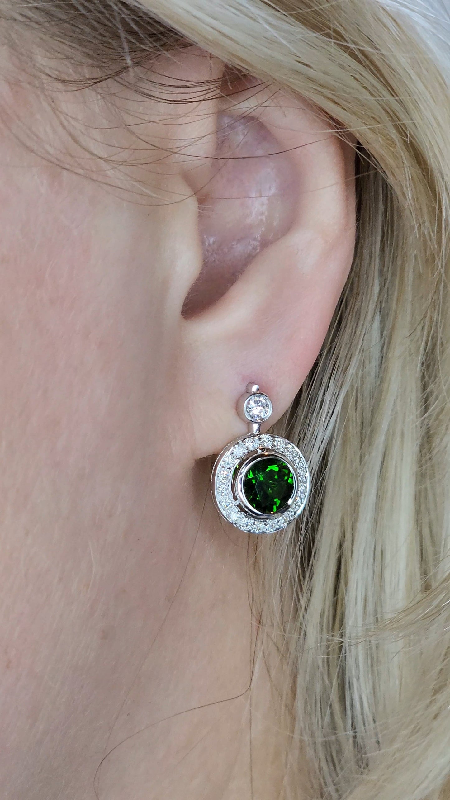14k White Gold Green Diopside & Diamond Halo Drop Earrings | 2.77ct Natural Diopside, 0.60ct Diamond Accents, English Lock