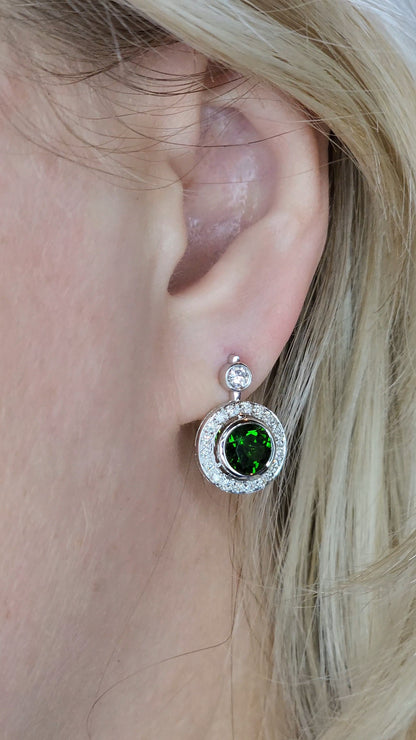 14k White Gold Green Diopside & Diamond Halo Drop Earrings | 2.77ct Natural Diopside, 0.60ct Diamond Accents, English Lock
