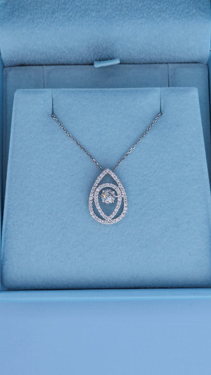 14k White Gold Teardrop Diamond Pendant Necklace | Rose Cut Dancing Diamond, Double Halo Design, 0.37ct TW Natural Diamonds