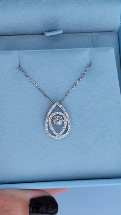 14k White Gold Teardrop Diamond Pendant Necklace | Rose Cut Dancing Diamond, Double Halo Design, 0.37ct TW Natural Diamonds