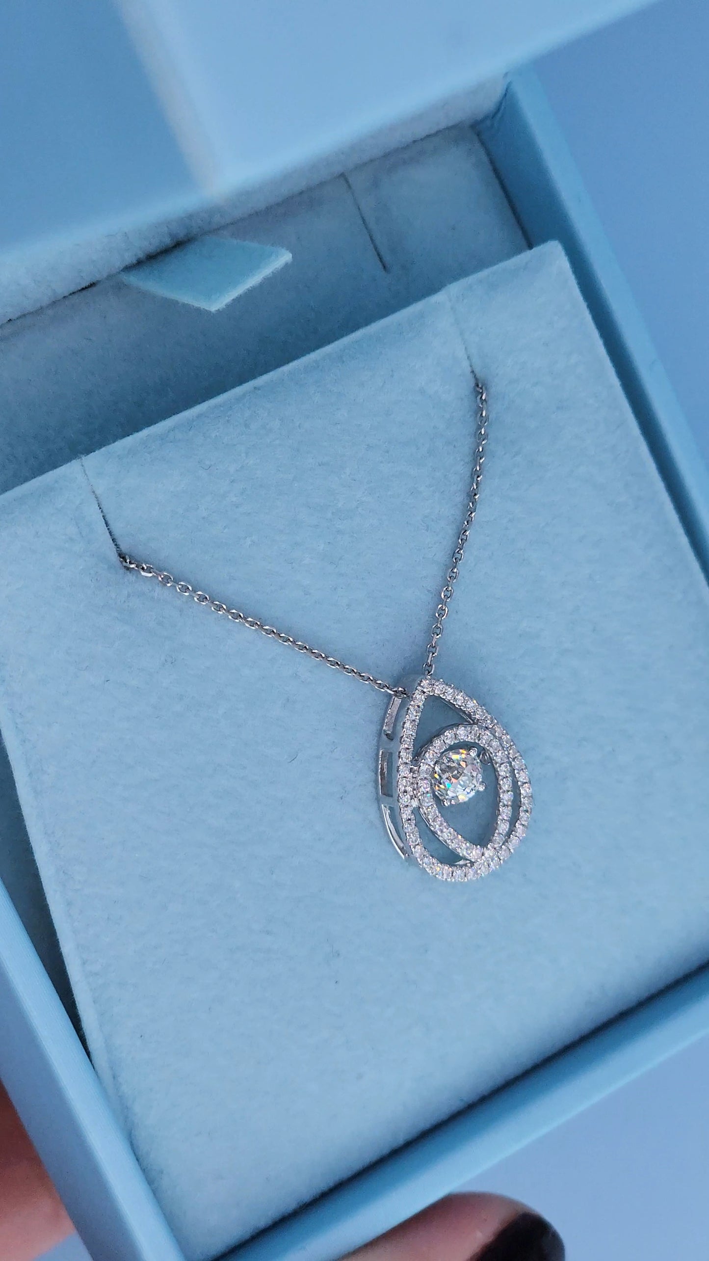 14k White Gold Teardrop Diamond Pendant Necklace | Rose Cut Dancing Diamond, Double Halo Design, 0.37ct TW Natural Diamonds