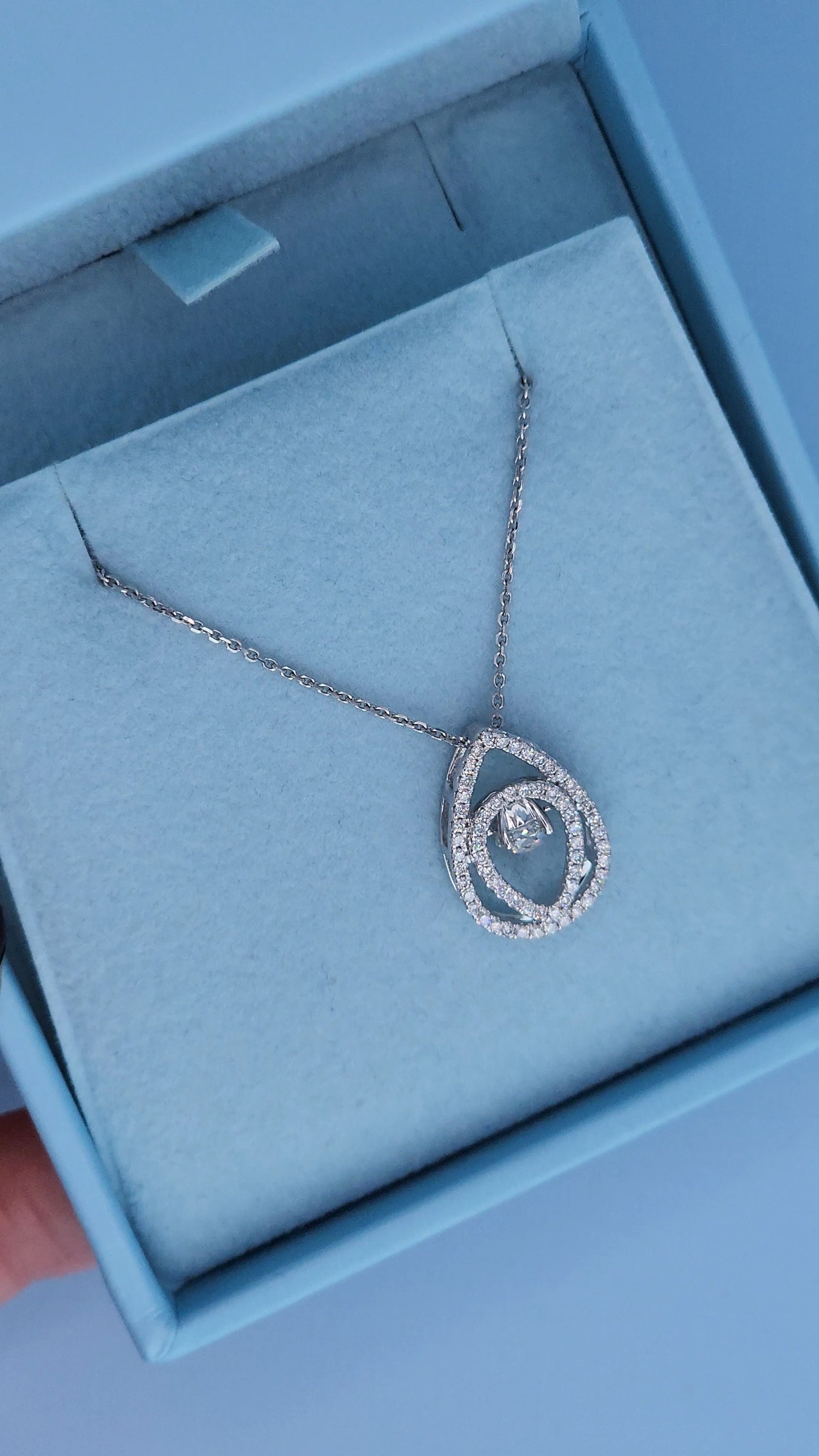 14k White Gold Teardrop Diamond Pendant Necklace | Rose Cut Dancing Diamond, Double Halo Design, 0.37ct TW Natural Diamonds