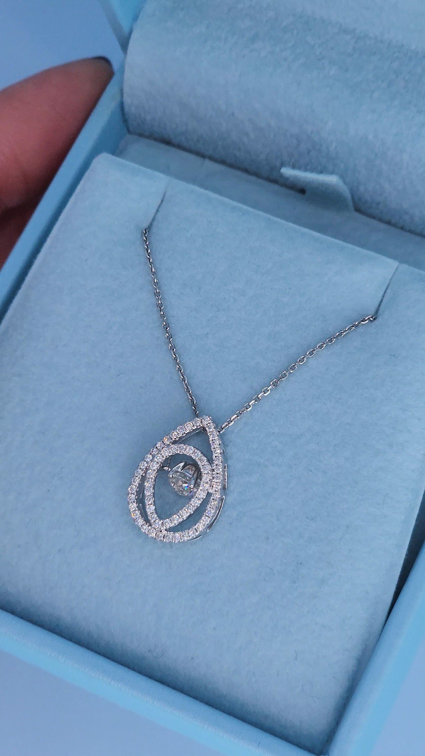 14k White Gold Teardrop Diamond Pendant Necklace | Rose Cut Dancing Diamond, Double Halo Design, 0.37ct TW Natural Diamonds