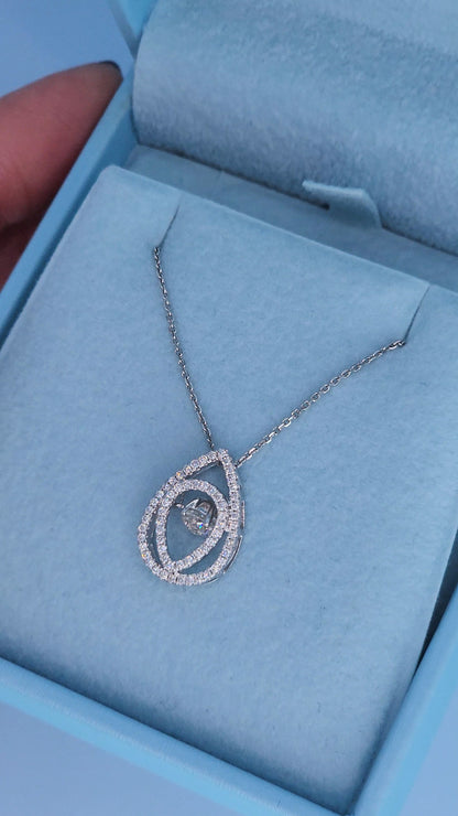 14k White Gold Teardrop Diamond Pendant Necklace | Rose Cut Dancing Diamond, Double Halo Design, 0.37ct TW Natural Diamonds