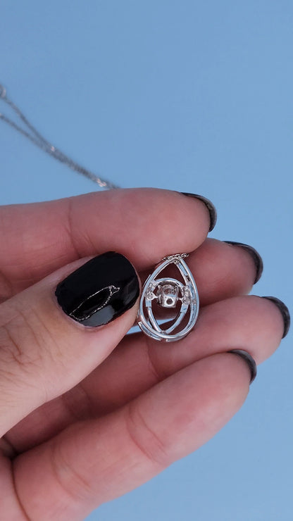 14k White Gold Teardrop Diamond Pendant Necklace | Rose Cut Dancing Diamond, Double Halo Design, 0.37ct TW Natural Diamonds