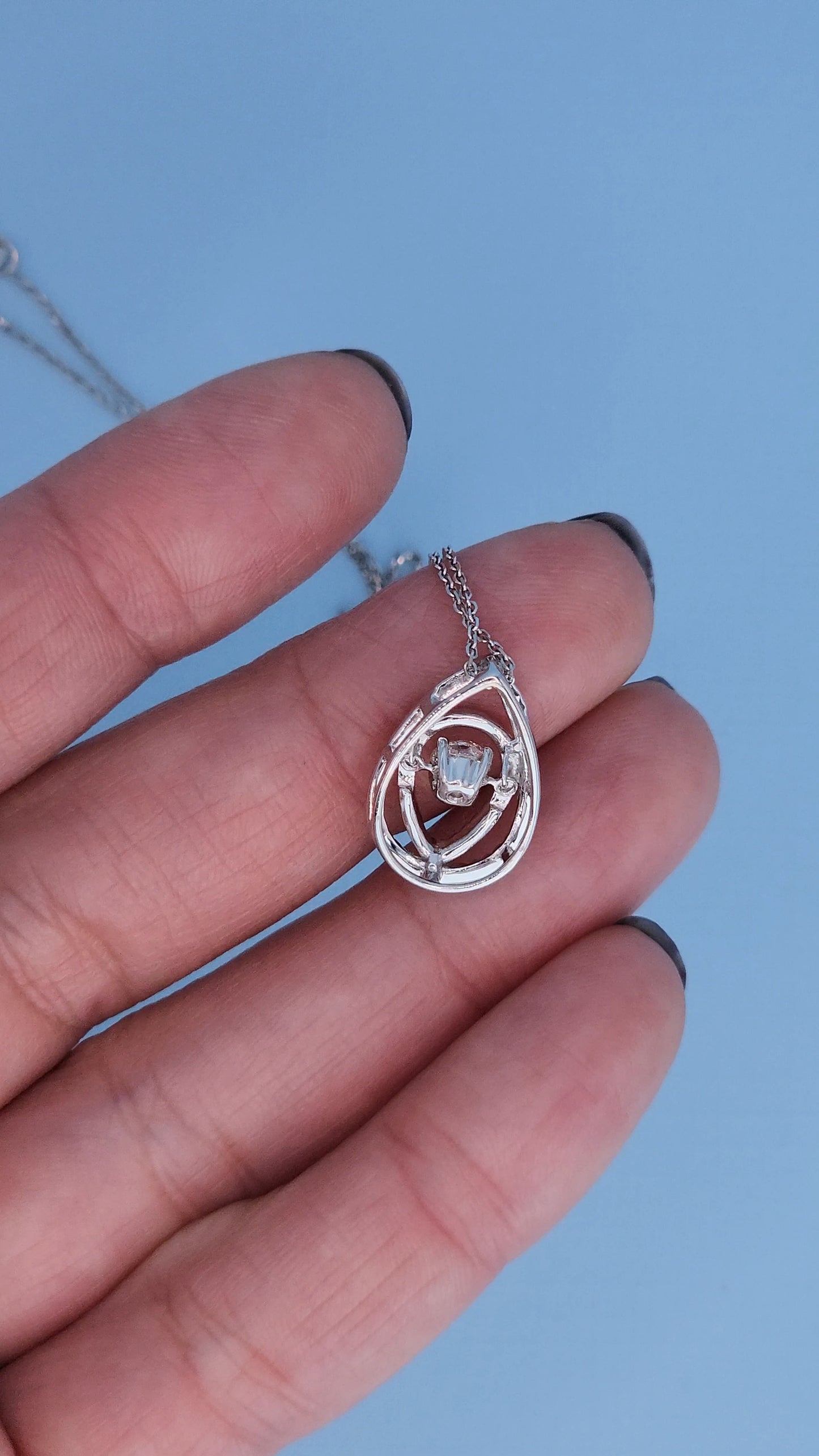 14k White Gold Teardrop Diamond Pendant Necklace | Rose Cut Dancing Diamond, Double Halo Design, 0.37ct TW Natural Diamonds