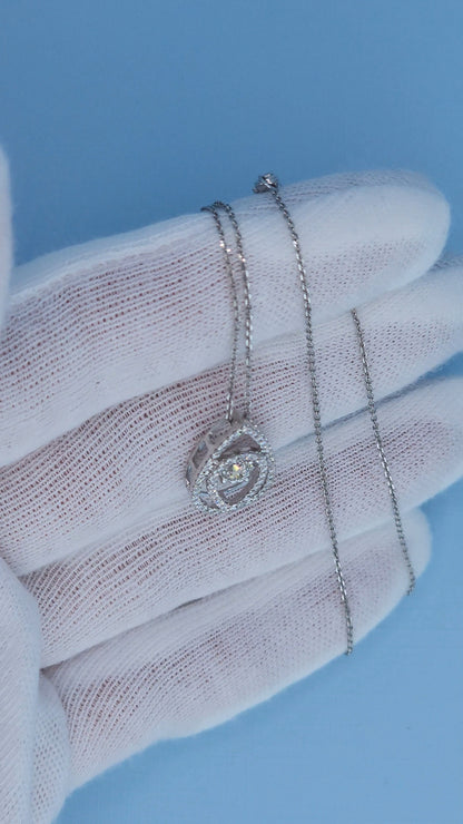 14k White Gold Teardrop Diamond Pendant Necklace | Rose Cut Dancing Diamond, Double Halo Design, 0.37ct TW Natural Diamonds