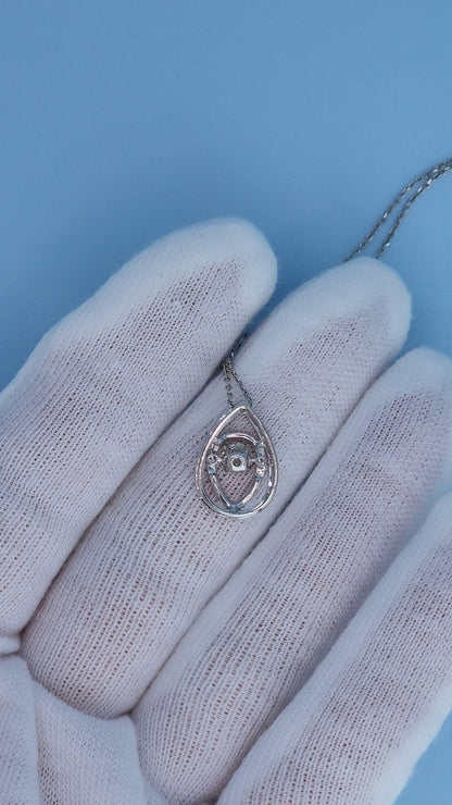 14k White Gold Teardrop Diamond Pendant Necklace | Rose Cut Dancing Diamond, Double Halo Design, 0.37ct TW Natural Diamonds
