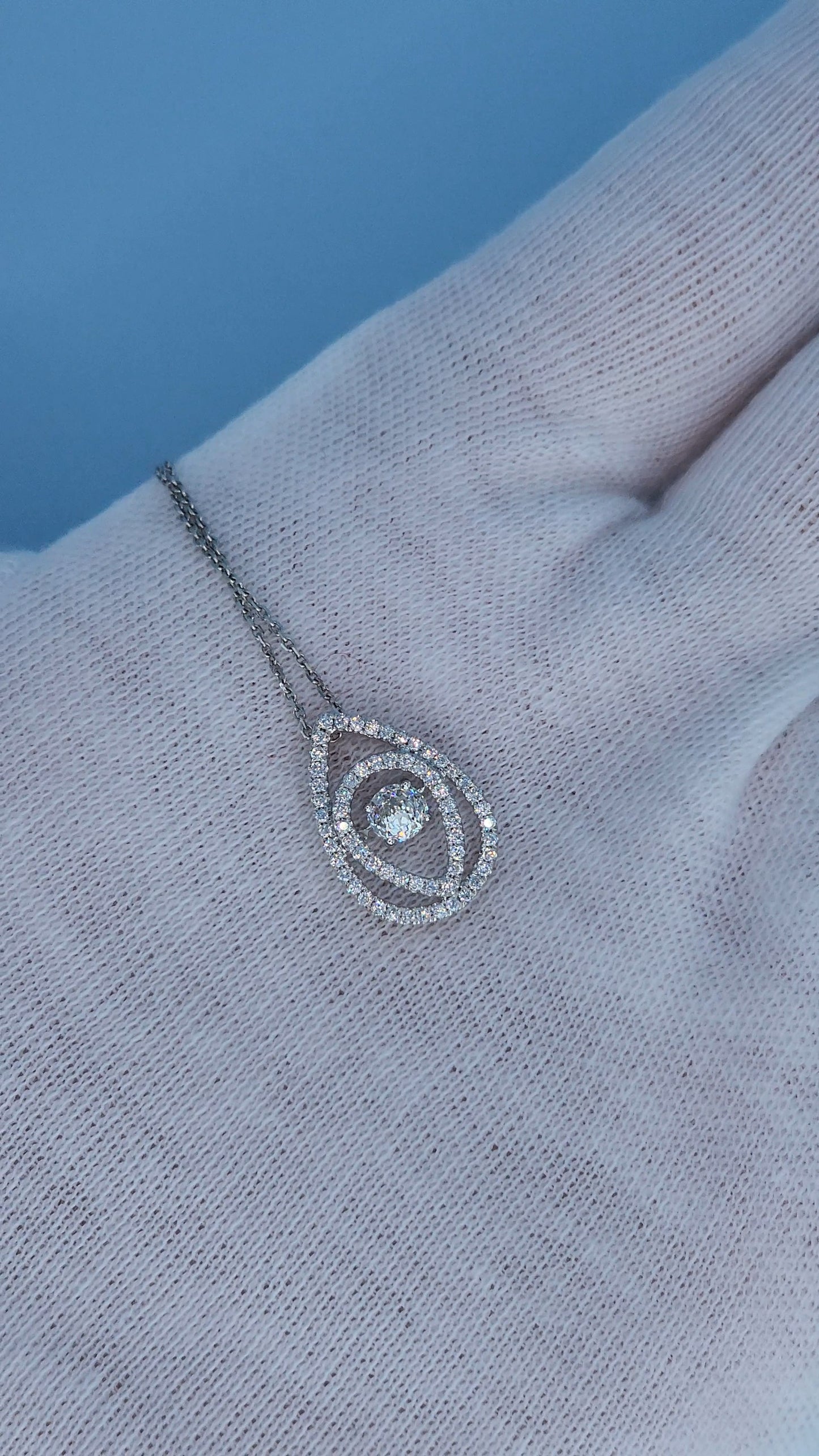 14k White Gold Teardrop Diamond Pendant Necklace | Rose Cut Dancing Diamond, Double Halo Design, 0.37ct TW Natural Diamonds
