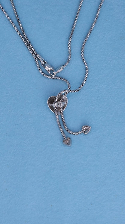14k White Gold Diamond Heart Lariat Necklace | Triple Heart Drop Design, Natural Diamond Accents, Romantic Fine Jewelry