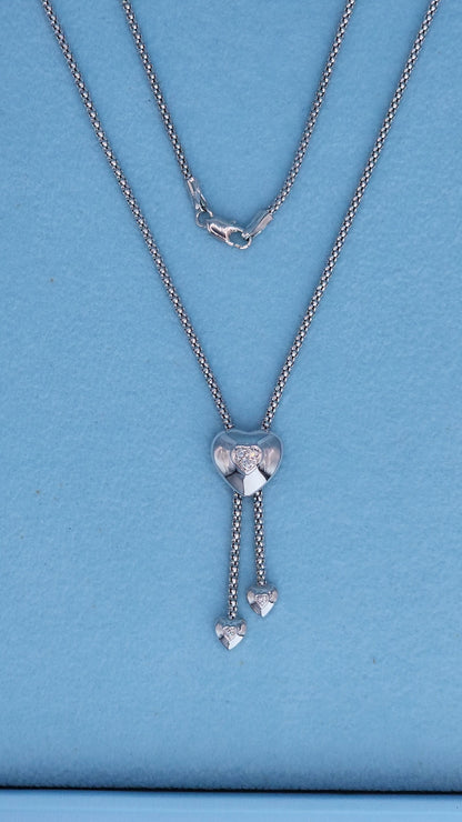 14k white gold diamond heart lariat necklace with center heart pendant and diamond cluster