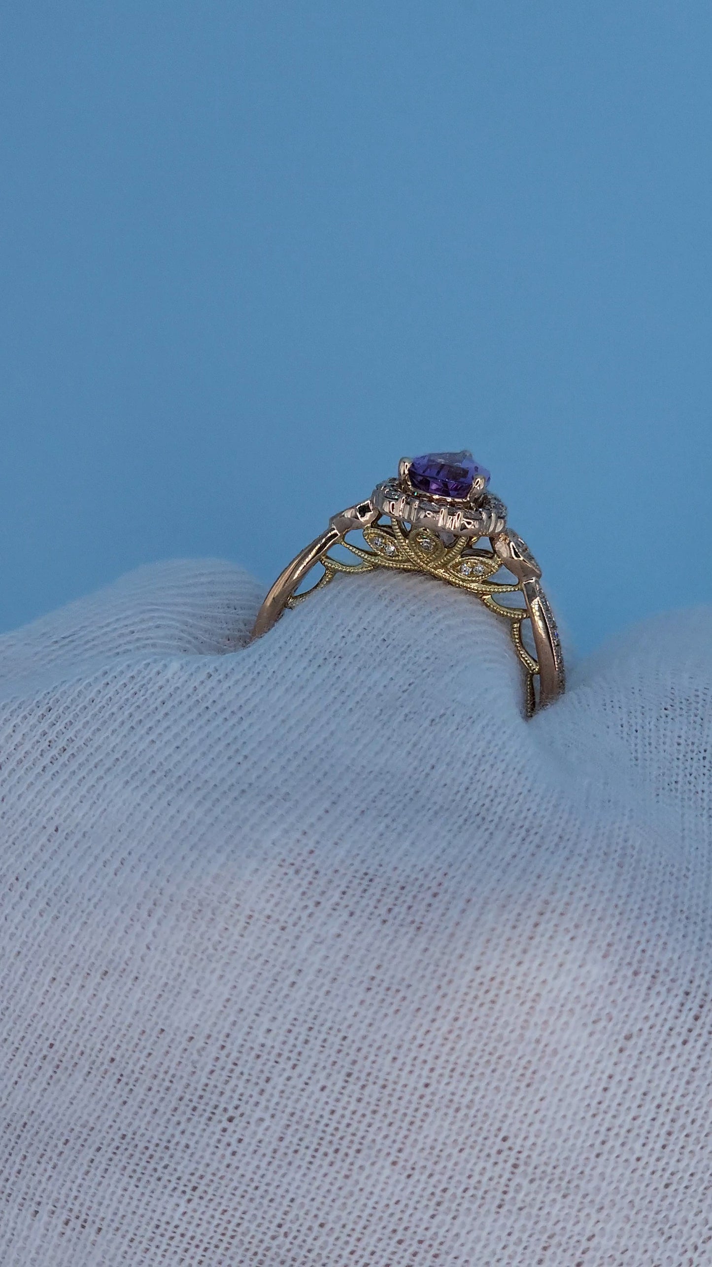 Zac Posen “Truly” 14k Rose Gold Amethyst Halo Ring | Pear Shape Birthstone Ring with Diamond Milgrain Accents