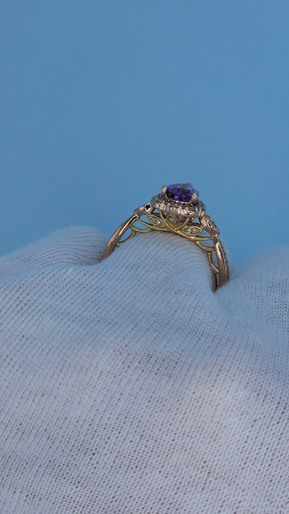 Zac Posen “Truly” 14k Rose Gold Amethyst Halo Ring | Pear Shape Birthstone Ring with Diamond Milgrain Accents