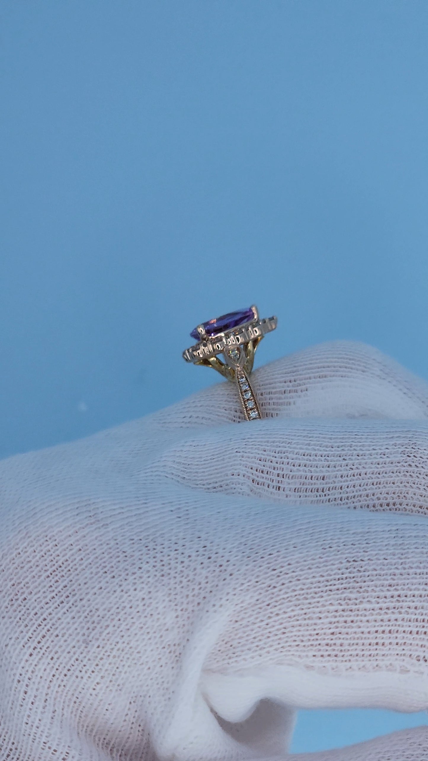 Zac Posen “Truly” 14k Rose Gold Amethyst Halo Ring | Pear Shape Birthstone Ring with Diamond Milgrain Accents