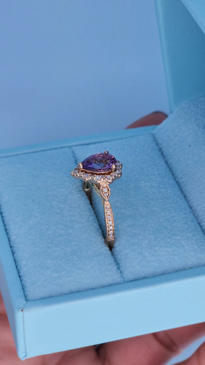 Designer Zac Posen birthstone ring with pear shaped amethyst