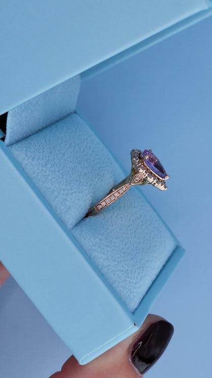 Zac Posen Truly amethyst halo ring in 14k rose gold with diamond milgrain detailing side view