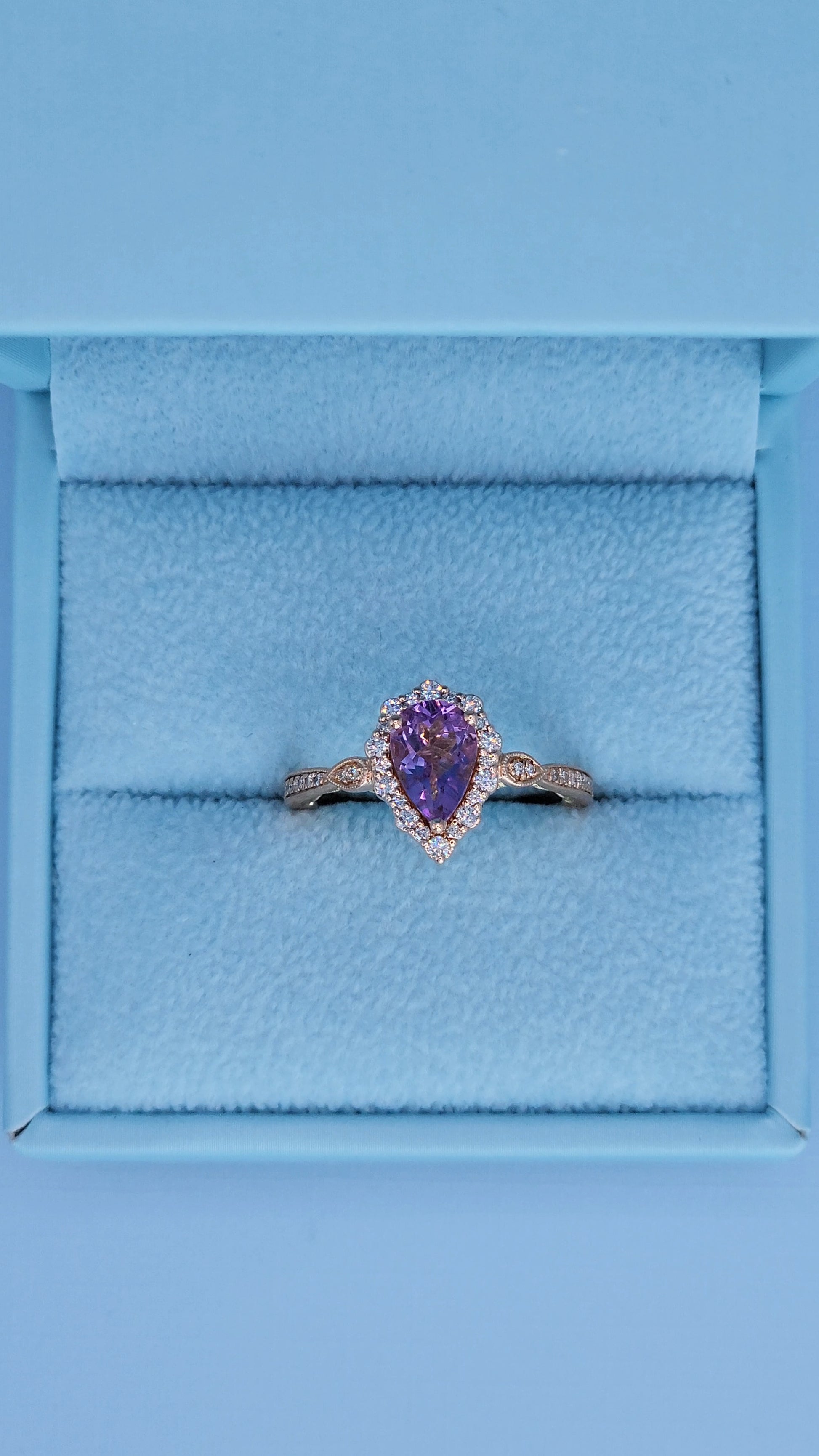 Zac Posen Truly pear shape amethyst halo ring in 14k rose gold with diamond milgrain band and yellow gold under-halo