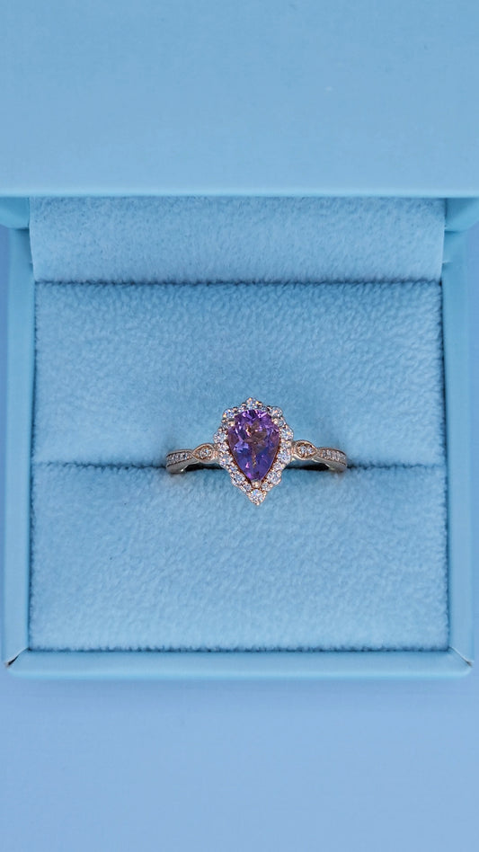 Zac Posen Truly pear shape amethyst halo ring in 14k rose gold with diamond milgrain band and yellow gold under-halo