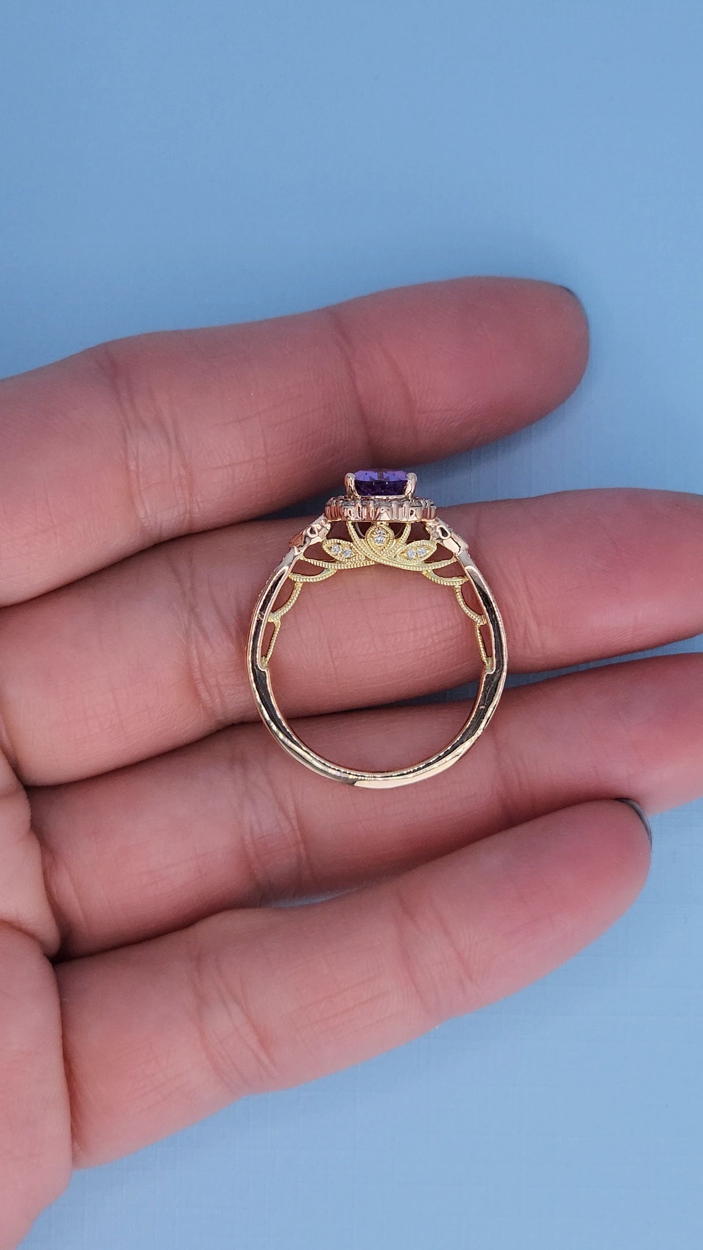 Zac Posen “Truly” 14k Rose Gold Amethyst Halo Ring | Pear Shape Birthstone Ring with Diamond Milgrain Accents