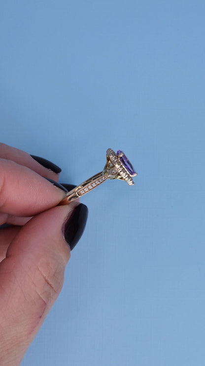 Zac Posen “Truly” 14k Rose Gold Amethyst Halo Ring | Pear Shape Birthstone Ring with Diamond Milgrain Accents