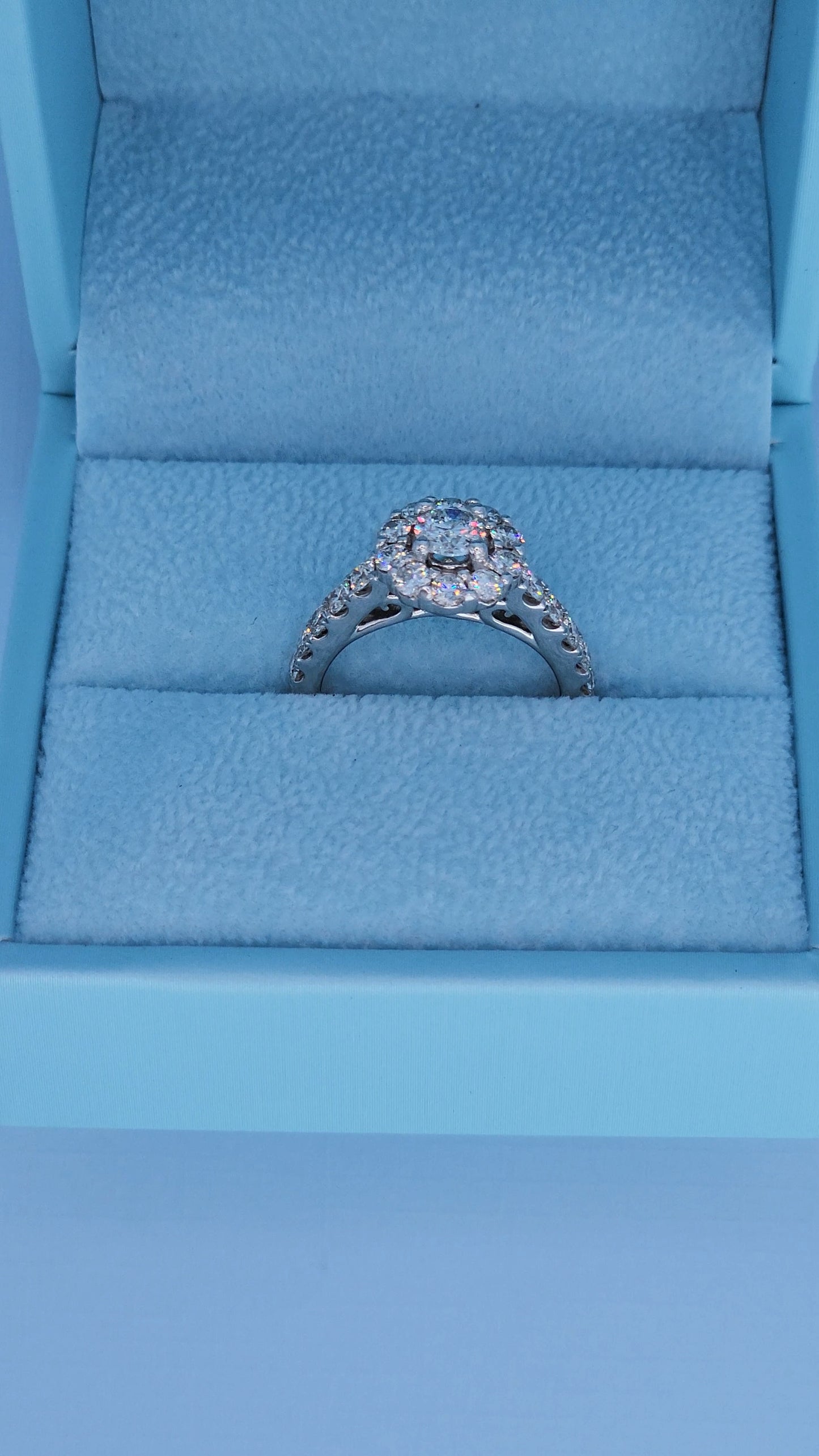 Floral halo diamond promise ring in 14k white gold with round brilliant diamonds