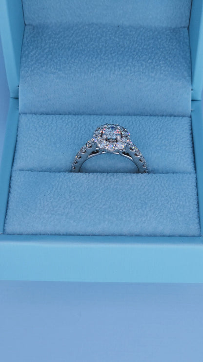 Floral halo diamond promise ring in 14k white gold with round brilliant diamonds