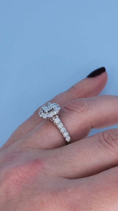 14K White Gold Halo Motif Promise Ring with 1.50 CTW Diamonds | Floral Diamond Ring Size 6.5