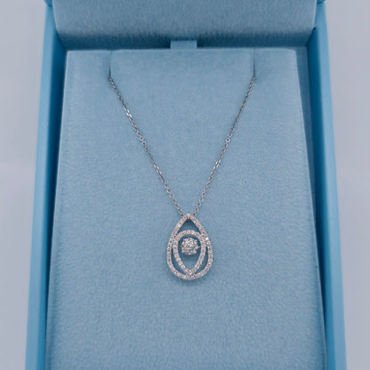 14k white gold teardrop dancing diamond pendant with rose cut floating center diamond and double halo design