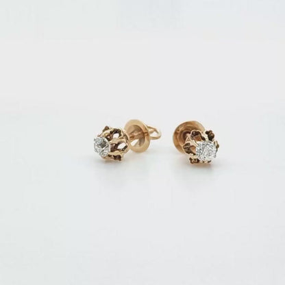 Vintage Flower Motif Stud Earrings with Old Mine Diamonds in 14k Rose Gold