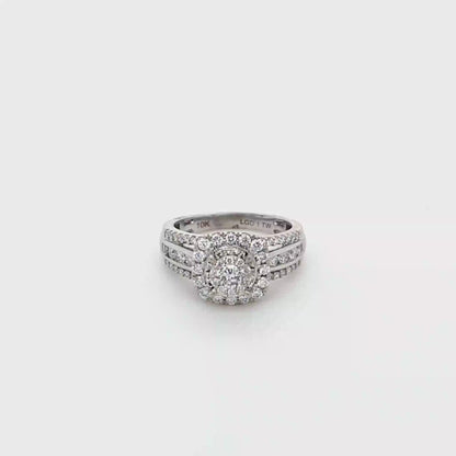 10k White Gold Diamond Cluster Engagement Ring – 1 Carat Total Weight, Cushion Double Halo, Three-Row Shank, Size 7