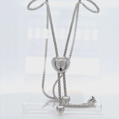 14k White Gold Diamond Heart Lariat Necklace | Triple Heart Drop Design, Natural Diamond Accents, Romantic Fine Jewelry