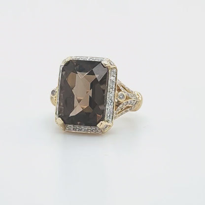 Rectangular Checkerboard Smoky Quartz and Diamond Ring in 14k Yellow Gold