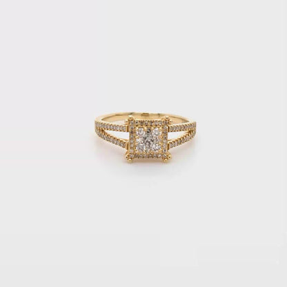 14k Yellow Gold Diamond Cluster Halo Ring – Split Shank Design, 0.75 Carat Total, Princess-Style Look, Size 7.5