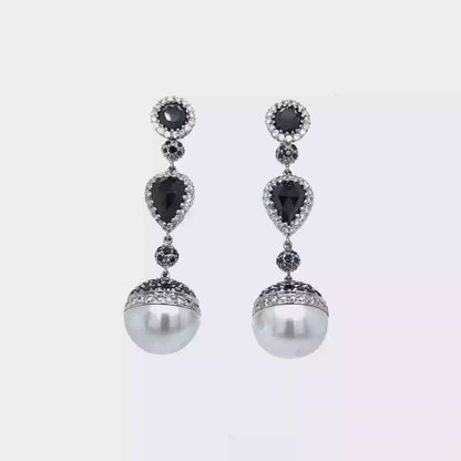 18k White Gold Dangling Pearl Earrings with Black and White Diamonds, Elegant Drop Design