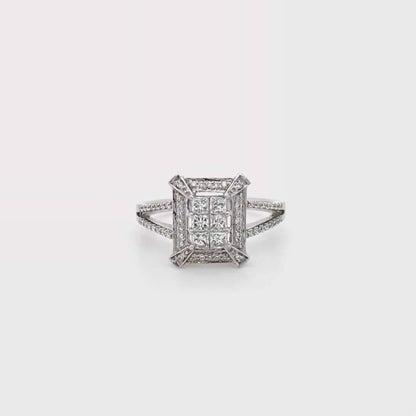 14k White Gold Diamond Cluster Ring | Princess Cut Illusion Center, Split Shank Halo Design, 0.60 CTW, Size 7