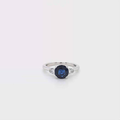 14k White Gold Past Present Future Ring with 1.52 Ct Round Blue Sapphire & Diamond Accents – Size 6.25